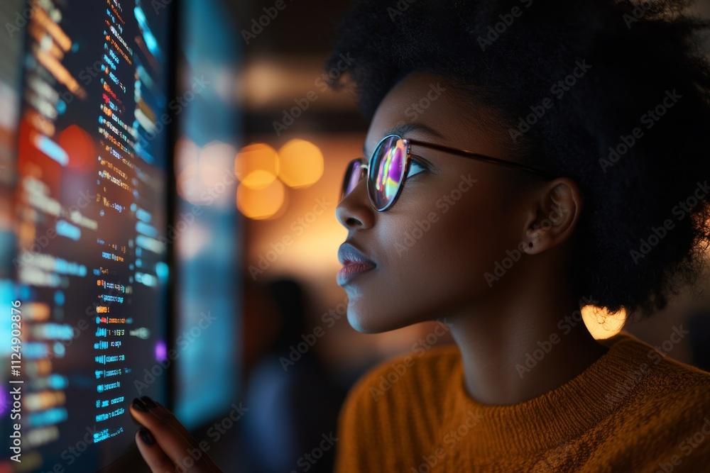 Aufkleber young woman engaged in coding on a digital screen in a modern workspace during evening hours