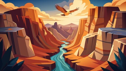 A bird flies over a canyon with a river running through it