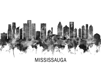 Fototapeta premium Mississauga Canada Skyline BW, cityscape landscape watercolor painting print abstract splash illustration art modern urban poster artwork landmarks skyscrapers