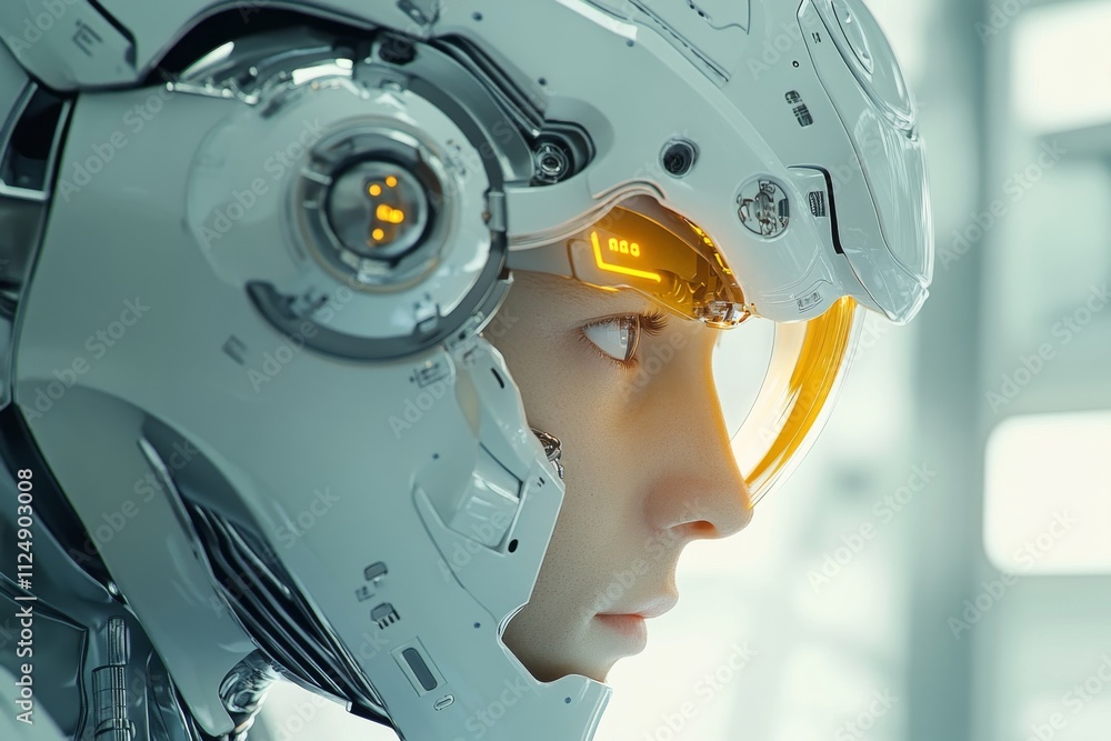 Poster futuristic humanoid robot with a sleek helmet in a high-tech lab environment during daytime