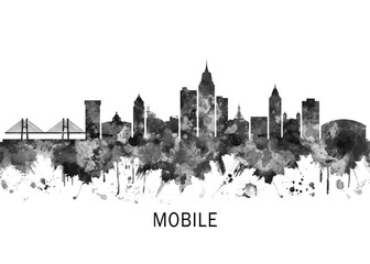 Fototapeta premium Mobile Alabama Skyline BW, cityscape landscape watercolor painting print abstract splash illustration art modern urban poster artwork landmarks skyscrapers