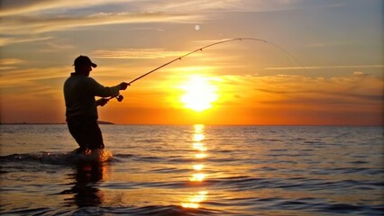 Silhouette of a Fisherman Casting a Line at Sunset