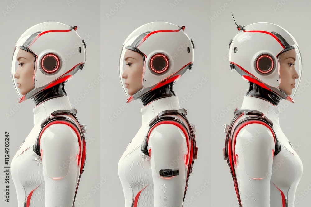 Poster futuristic humanoid robot design featuring sleek helmet and advanced technology in a studio setting