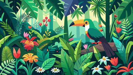 A colorful tropical forest with a bird perched on a tree branch