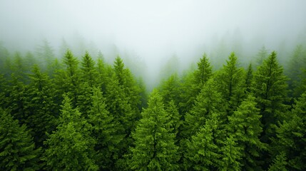 Obraz premium Lush Green Forest with Misty Background and Dense Foliage Under Overcast Sky