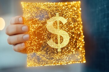 Golden dollar emerges from glowing network fabric