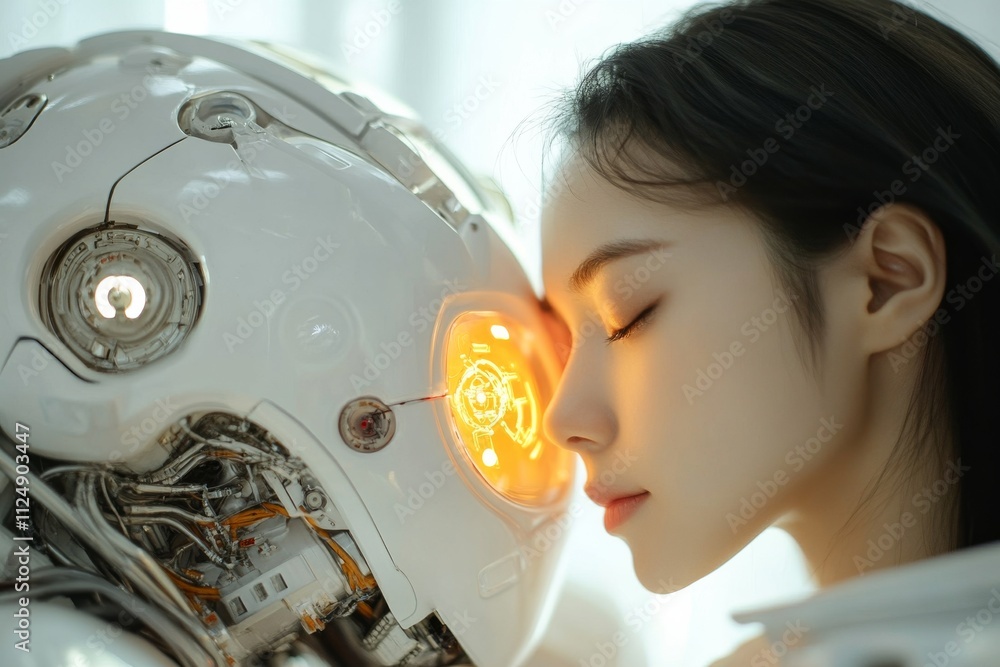 Poster connection between human and robot in a serene moment of understanding and empathy at a bright, mode