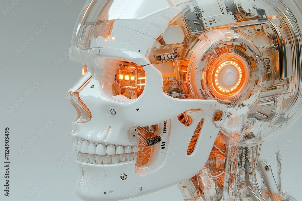 Poster futuristic robotic skull with glowing elements showcasing advanced technology and design concepts