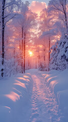 Naklejka premium There is a beautiful sunrise surrounded by white trees and a pastel sky. Perfect for winter travel photography, the scene is peaceful and serene.