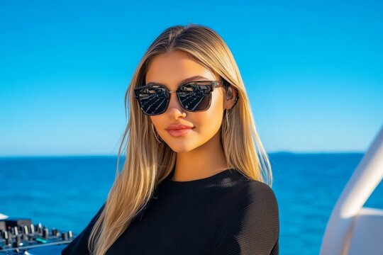 A vibrant image of a female DJ on a yacht party, wearing chic sunglasses and mixing tracks with the ocean view behind her