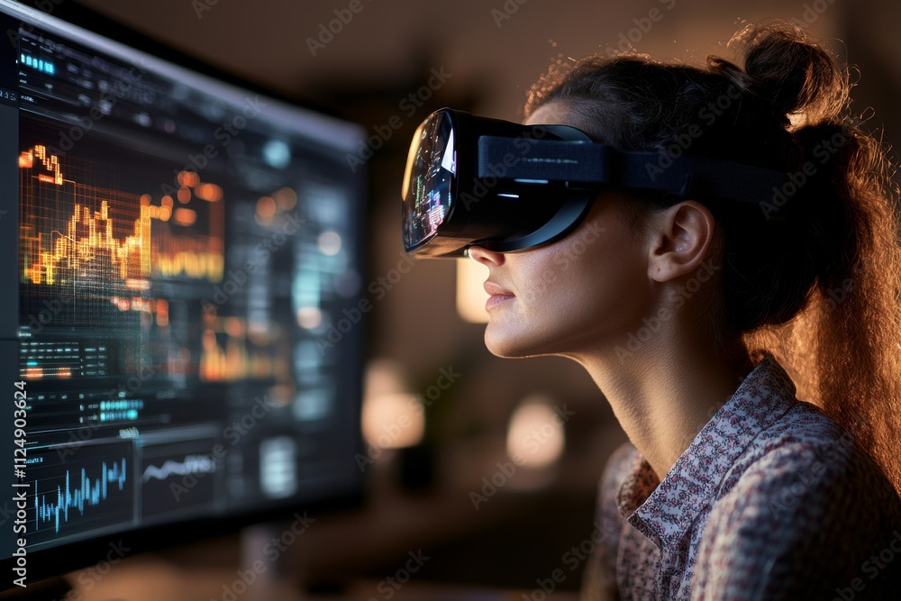 Poster young woman engages with virtual reality technology while analyzing data on a computer screen in a m