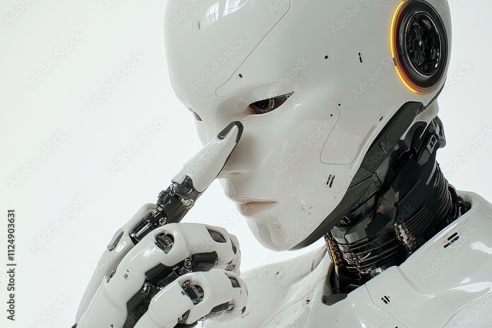 Poster advanced humanoid robot with intricate design performs a gesture of contemplation in a minimalist se