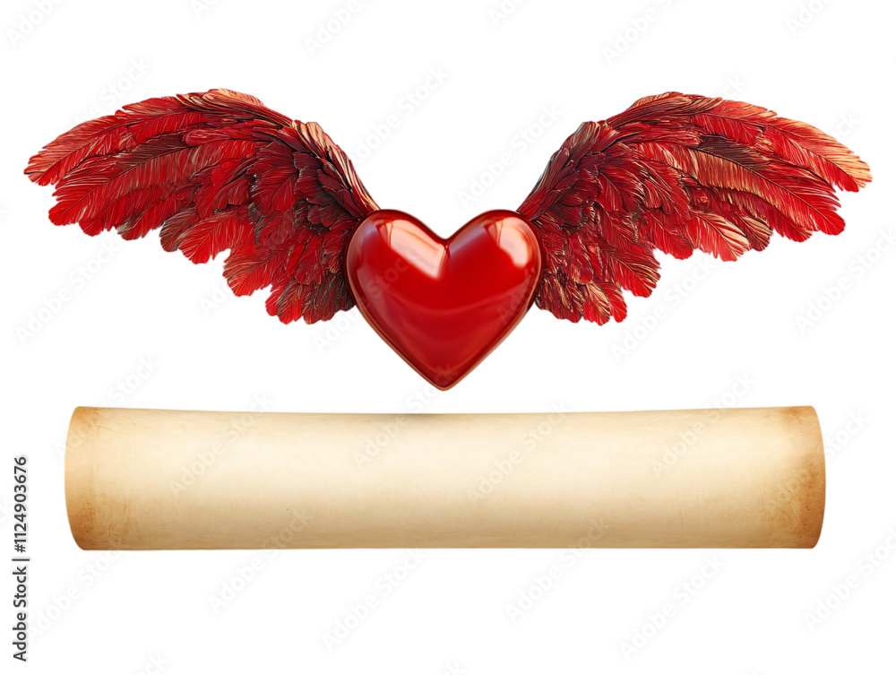 Poster a vivid red heart with intricate wings, accompanied by a blank scroll, symbolizing love and messages