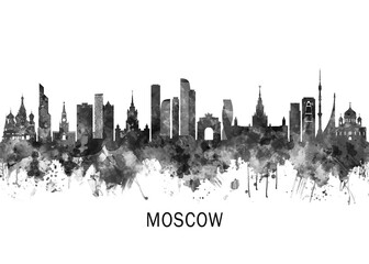 Fototapeta premium Moscow Russia Skyline BW, cityscape landscape watercolor painting print abstract splash illustration art modern urban poster artwork landmarks skyscrapers