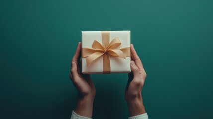 Man's hands holding a white gift box with gold ribbon isolated on green background. Top view