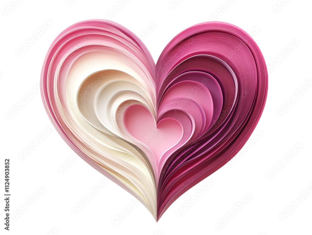 Poster a layered, colorful heart design featuring various shades of pink and cream, creating a three-dimens