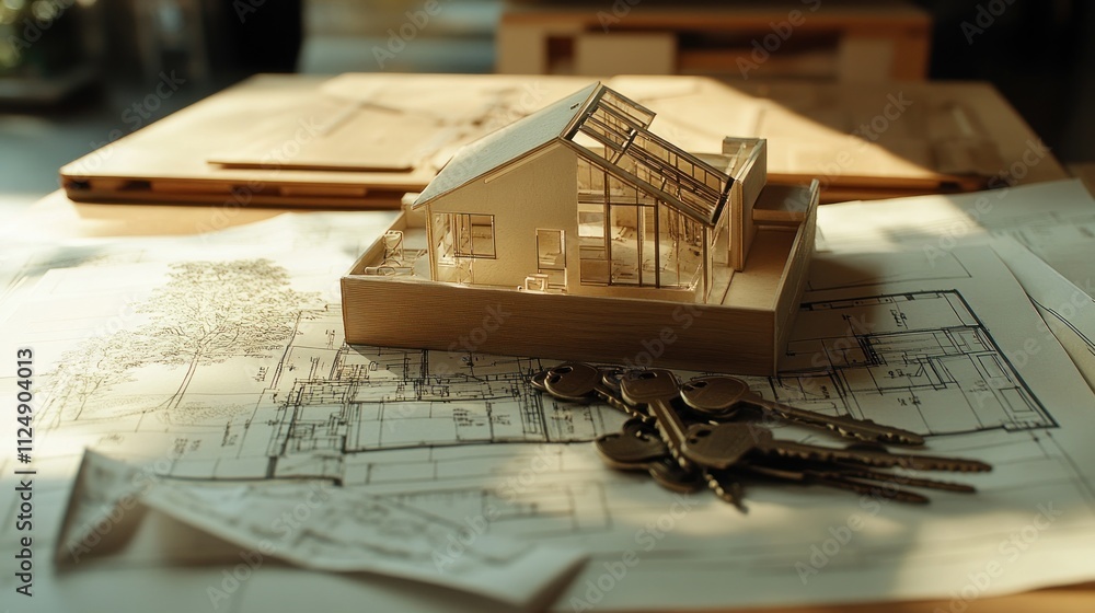 Poster architectural model house with keys and blueprints on desk.