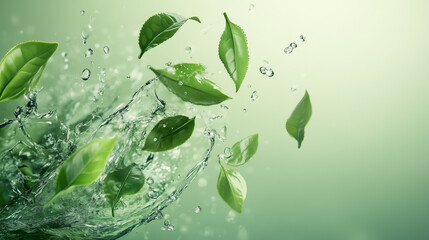 Floating tea leaves and water droplets in motion on a green background.