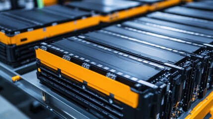 Obraz premium Industrial Battery Storage in Warehouse with Modern Technology Equipment