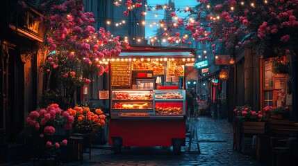 Pastel street food cart vibrant urban Pastel urban street food cart Vibrant pastel food stand design Pastel ice cream cart in the city.Colorful urban snack cart scene.