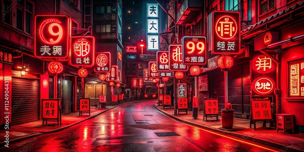 Poster Captivating Low Light Photography of Nine Red Signboards Illuminated in a Dark Urban Environment with Dynamic Animation Effects for Visual Impact and Engagement