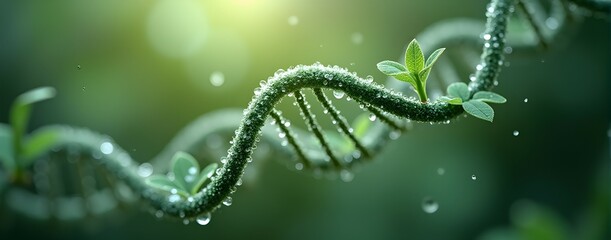 Nature's Code: A DNA helix entwined with vibrant green leaves, glistening with morning dew.  A breathtaking image of life's blueprint.