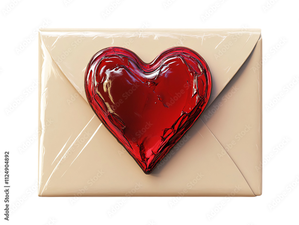 Poster an envelope adorned with a glossy red heart, symbolizing love and affection on transparent backgroun