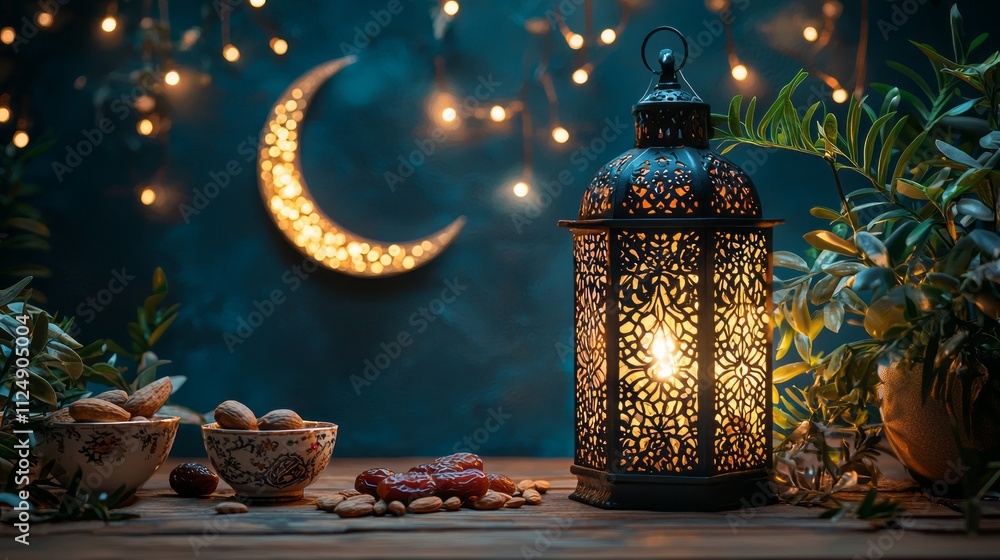 Poster a vibrant display of ramadan's essence reveals intricately designed lanterns illuminating a serene b