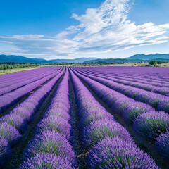 Fototapeta premium A vibrant purple expanse of lavender flowers blankets the rolling hills of the French countryside under a clear blue sky