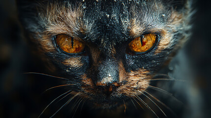 close up of a scary evil bloody zombie cat with demonic virus eyes, 