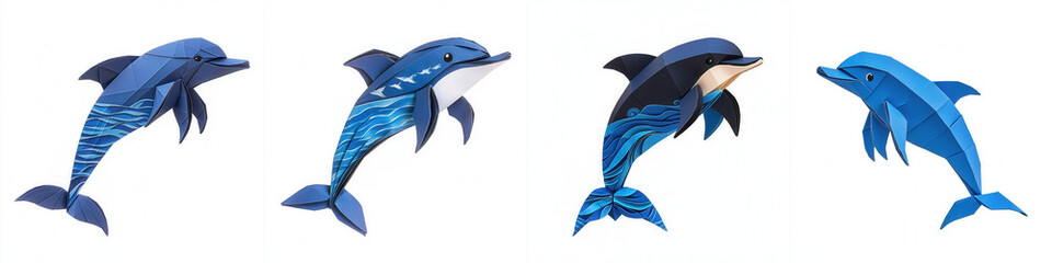 Fototapeta premium Origami. Four stylized dolphins showcase various shades of blue, highlighting their graceful forms and unique patterns in a visually appealing arrangement.