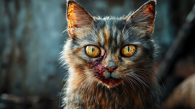 close up of a scary evil bloody zombie cat with demonic virus eyes, 