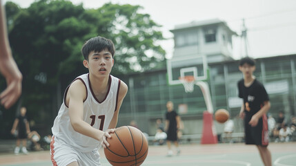 Basketball Player Focus: A young basketball player dribbles the ball with determination, his gaze fixed on the court, showcasing the intensity and focus of a true athlete. 