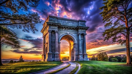 Fototapeta premium Captivating Low Light Photography of Valley Forge Arch Monument at Dusk with Dramatic Shadows and Illuminated Details Creating a Majestic Atmosphere for Historical Exploration