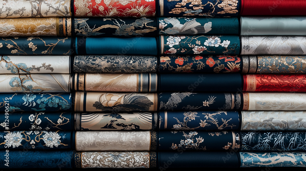 Poster a tapestry of textures: a vibrant display of richly textured fabrics, each roll showcasing intricate