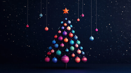 Colorful Christmas tree with vibrant ornaments and star on top, glowing in cosmic background