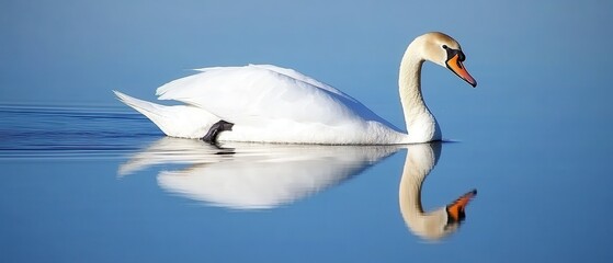 Obraz premium Reflections of hope Concept. A graceful swan glides across calm water, reflecting its elegant form against a serene blue backdrop.