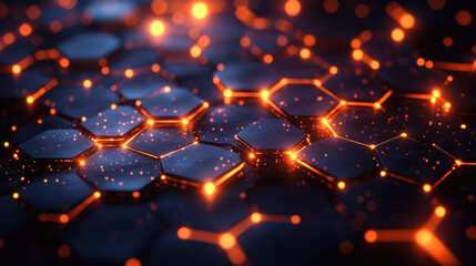 Fototapeta premium Abstract background of glowing hexagons arranged in a dynamic, futuristic grid
