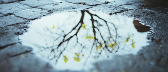 Reflections of hope Concept. A puddle reflects a tree and autumn leaves on cobblestones, creating a serene and moody atmosphere.