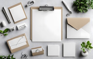 Blank Office Stationery Set - Clipboard, Envelope, and Paper Mockup design,


