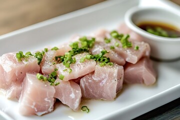 Fresh, raw tuna sashimi cubes arranged on a white plate, seasoned with chopped chives and pepper, ready for dipping in soy sauce, creating an appetizing culinary scene