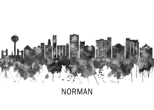 Norman Oklahoma Skyline BW, cityscape landscape watercolor painting print poster abstract splash illustration urban art modern downtown landmarks skyscrapers