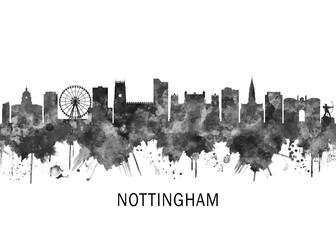 Obraz premium Nottingham England Skyline BW, cityscape landscape watercolor painting print poster abstract splash illustration urban art modern downtown landmarks skyscrapers