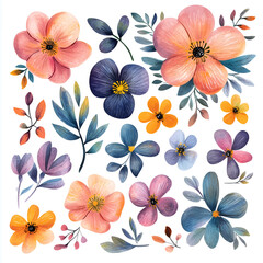 collection of watercolor floral elements, such as flowers and leaves on white