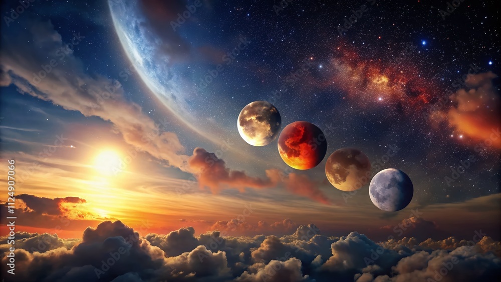 Poster captivating lunar eclipse animation with a dramatic sky and celestial bodies, perfectly framed for c