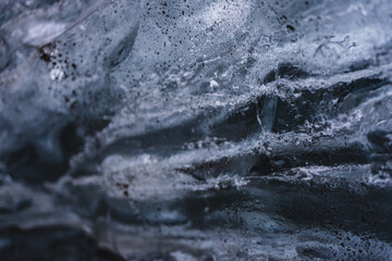 Detailed, close-Up Of Ice In An Ice Cave. Blue pattern, texture. Southern Iceland. Copy space for text or background.