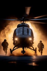 Army helicopter hovers over desert, casting shadows on tactical soldiers advancing through sand. Golden hues and swirling dust emphasize resilience, mission readiness under harsh conditions.