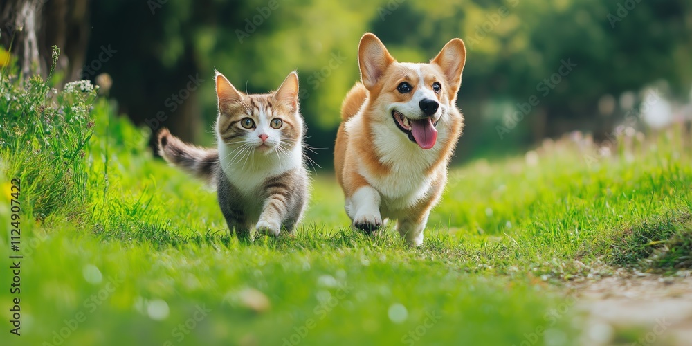 Poster a cat and a dog are running together in a grassy field. the dog is wagging its tail and the cat is f