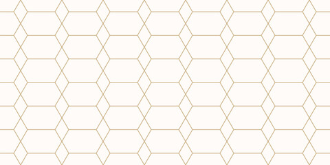 Fototapeta premium Abstract geometric seamless pattern in minimalist style. Golden vector background. Simple minimal ornament. Gold and white texture with hexagon grid, diamonds, lattice. Repeated luxury geo design