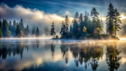 Tranquil Sunrise Over Misty Lake and Forested Island